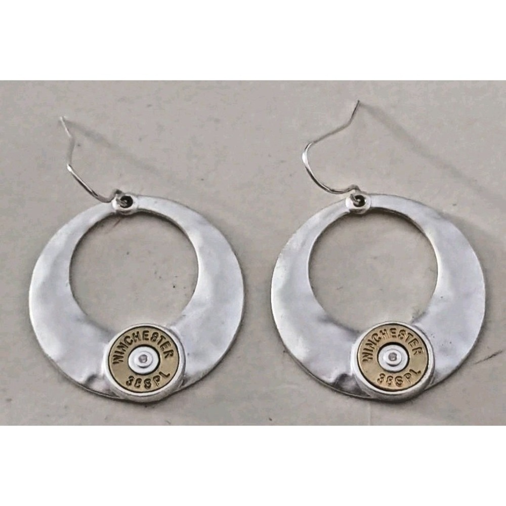 Winchester 38 Special Brass Bullet Casing Women's Earrings Silver Tone Hoop EUC